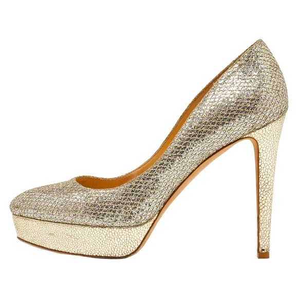 Jimmy Choo Gold Glitter Fabric And Embossed Leather Eros Platform Pump 38 - Picture 2 of 9